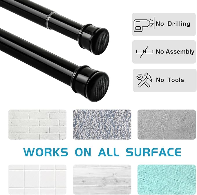 2 Pack No Sectional Assembly Tension Curtain Rods 56-104 Inch | 1" Diameter Spring Long Adjustable Shower Curtain Rods for Bathroom Windows Closet No Drilling No Rust, Black