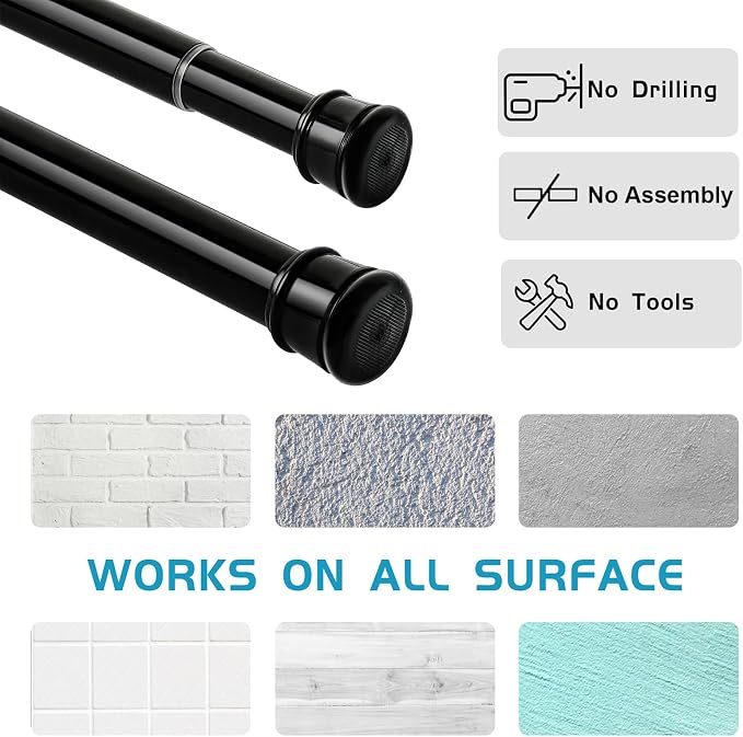 2 Pack No Sectional Assembly Tension Curtain Rods 28-48 Inch | 1" Diameter Spring Long Adjustable Shower Curtain Rods for Bathroom Windows Closet No Drilling No Rust, Black