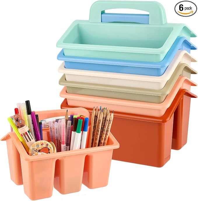 6 Pack Classroom Caddy Organizer with Handle, Table Caddy Classroom | 4 Compartments, 9×6.3×6.7 inches, Thick Durable PP Plastic, Built-in Handle, Stackable Design, for Classroom Desk Office Home