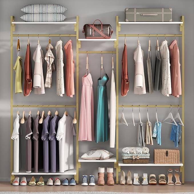 Auromie Gold Wall Mounted Clothing Rack with 5 Hanging Rods, Clothes Rack with Adjustable Shelves, Closet Storage Organizer System Kit, Heavy Duty Garment Rack with Metal Frames (80.71" L*78.74" H)