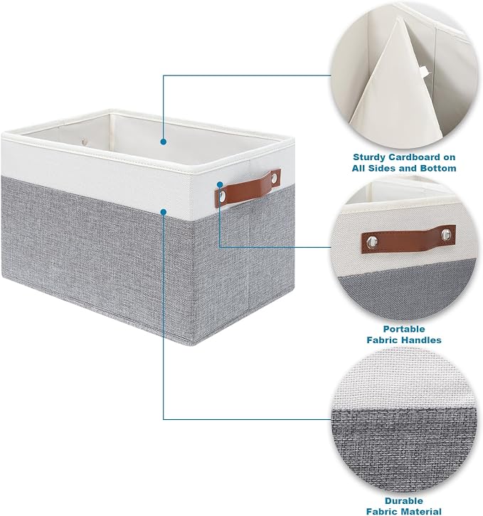 4 Pack Large Fabric Storage Baskets with Handles (White with Grey,15" L*13" W*13" H)