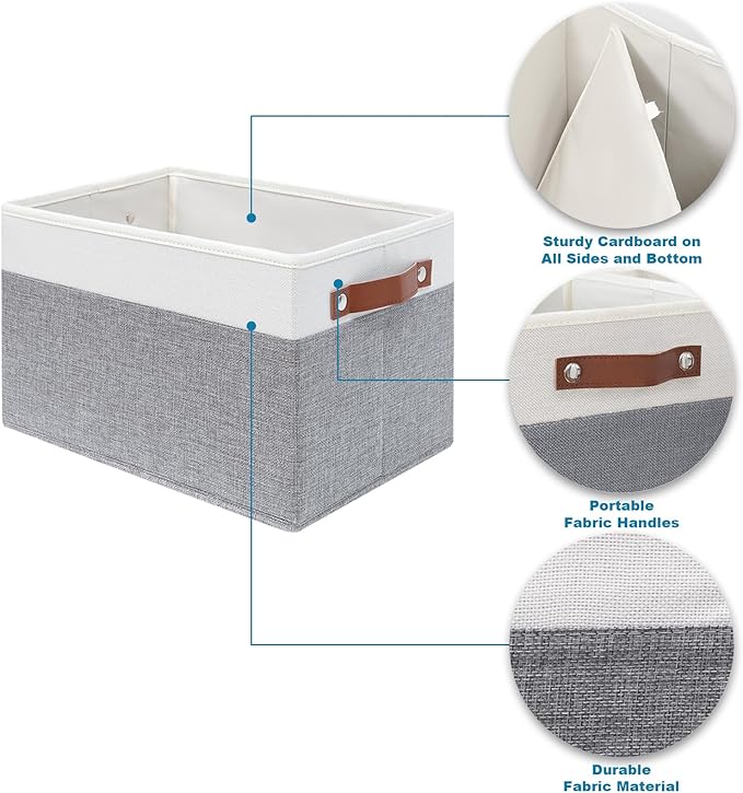 6 Pack Large Fabric Storage Baskets with Handles (White with Grey,15" L*13" W*13" H)