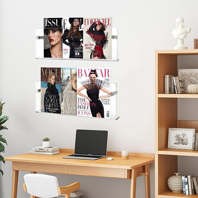 2-Pack Clear Acrylic Magazine Holder Brochure Holder, 24 Inch Hanging Magazine Rack with Hardware, Floating Bookshelf Brochure Display Organizer for Home, Office, Reception Area