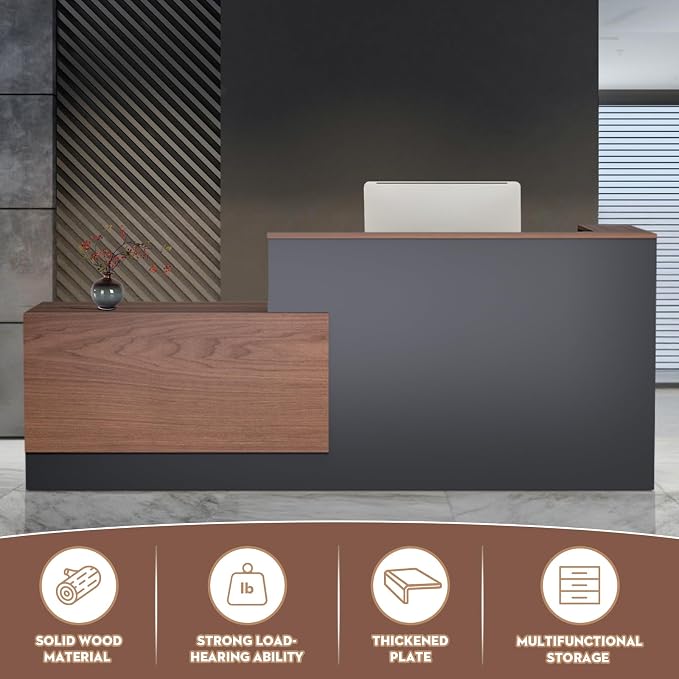 Ceridwen L-Shaped Large Wooden Reception Desk, Modern Front Desk Reception Counter with Lockable Drawers, Storage & Keyboard Tray for Office Lobby Checkout (Left-Brown + Black, 87''L x 42''W x 41''H)
