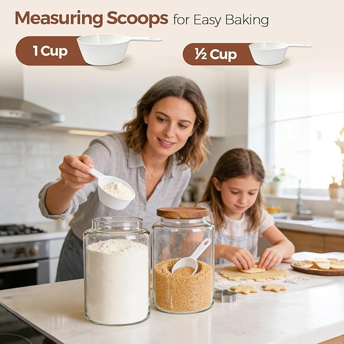 ComSaf 2Pcs (4.2Qt/1Gal) Wide-Mouth Flour Sugar Storage Containers - Include Scoops & Labels, Easy to Scoop & Airtight, Large Glass Jar for Bakers to Store Flour, Rice, and Dry Goods in Kitchen Pantry