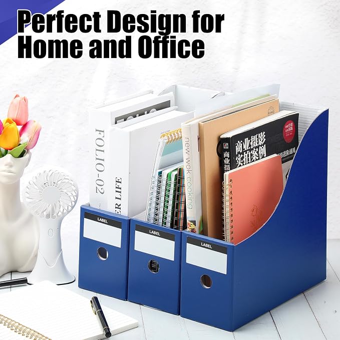 Thenshop 24 Pcs Cardboard Magazine File Holder Organizer, Desk File Organizer Box Foldable Book Bin Papers Storage Folder with Label for School Classroom Office Supplies(Classic,Navy Blue)