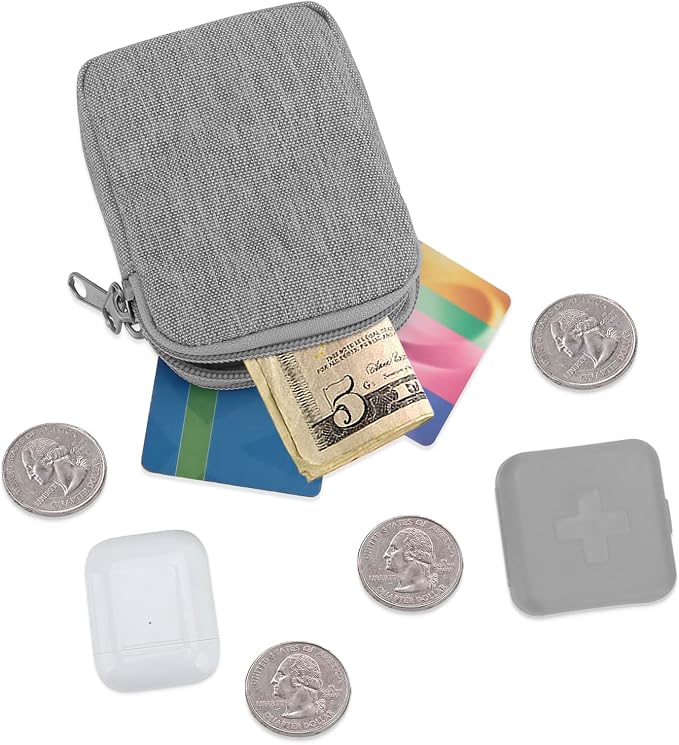 E-Tree Coin Purse with Carabiner Clip, Dual Layer Card Case Holder, Mini Pouch for AirPod Earphone Keychain USB Cable,Wallet, Small Accessories Organizer Bag for Women and Men (Grey)