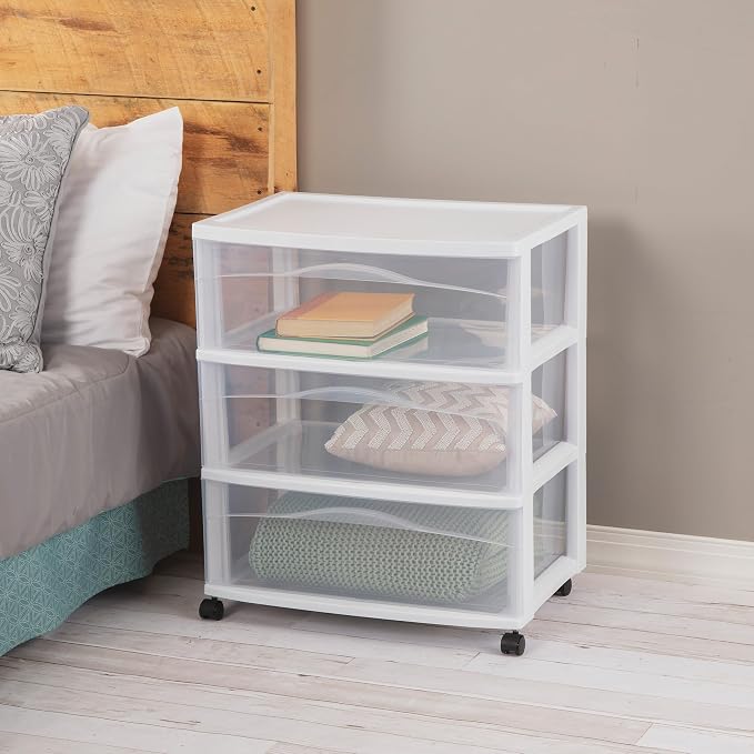 Sterilite 4 Pack Wide 3 Drawer Storage Cart, Plastic Organizer with Wheels, White - Multipurpose Bin for Clothes, Accessories, or Home Accessories