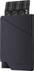 VULKIT Pop up Card Wallet Genuine Leather RFID Blocking Slim Aluminum Metal Bank Card Holder Case with Business Money Pocket for Credit Cards Notes and Coins Blue