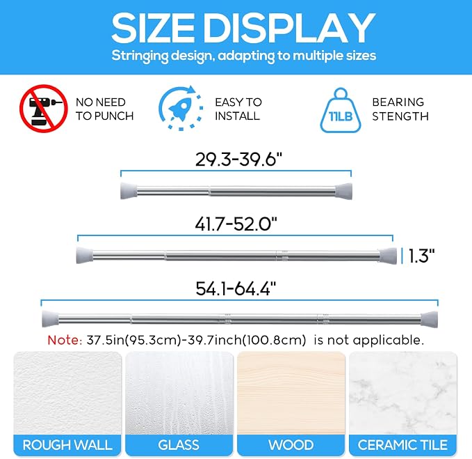 Tension Rods 30 to 64 Inches Shower Tension Rod 2PCS, Tension Curtain Rods Spring Curtain Rod Silver Tension Rod Spring Loaded Curtain Rods Adjustable Tension Curtain Rod for Window, Doorway
