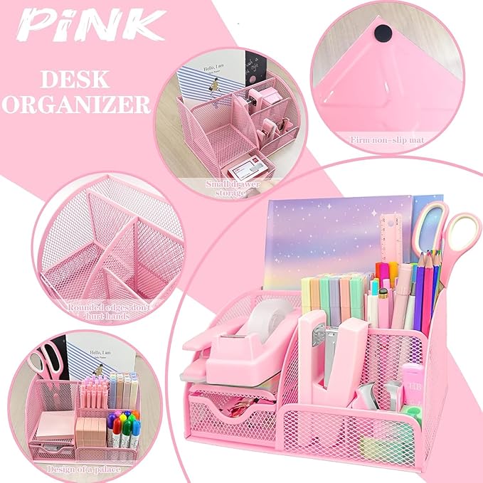 Pink Office Supplies, 17Pcs Pink Desk Accessories Set Include Stapler, Mesh Desk Organizer, Tape Dispenser, Staple Remover, Pen Holder, Clips, Pens, Ruler, for Office Home School Women Students Gift