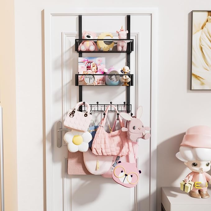 HapiRm Over the Door Hanger with Coat Hooks and 2 Baskets, Rustproof & Waterproof Over the Door Hooks, Storage Organizer for Hats, Bathroom, Kitchen, Bedroom, RV, Camper-Black (for 1.76in Doors)