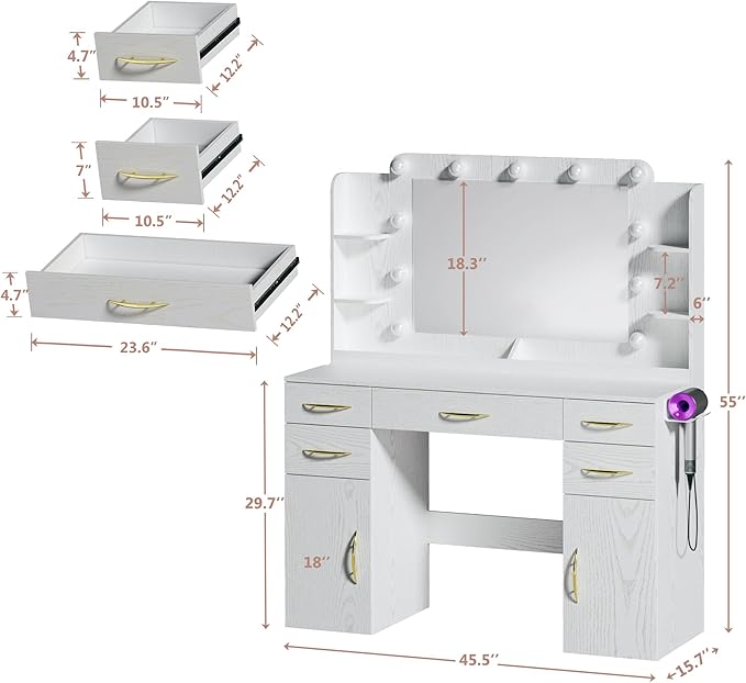 45.5" Vanity Desk with Mirror and Lights, Makeup Vanity with Lights 3 Models Settings & Power Outlet, Vanity Desk with 5 Drawers, 2 Cabinets, Shelves, Makeup Vanity for Bedroom, Antique White