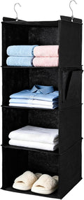 BOOMIBOO Hanging Closet Organizer and Shelves, 4 Shelves with 1 Side Pockets, Foldable, Grey Fabric, Modern Style, for Bedroom and Dorm Room (Black)