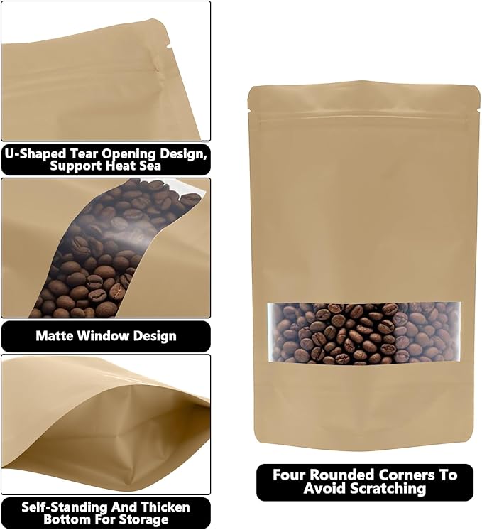 100PCS Foil Pouch Mylar Bags with Clear Window,ULIFESTAR Stand Up Sealable Bags with Tear Notches,Resealable for Food,Party Favors,Gift Packaging and Small Business(12 * 20cm/4.72 * 7.87",Gold)