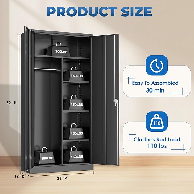 INTERGREAT Wardrobe Cabinets with Locking Doors and Shelves, Clothing Locker Storage Cabinet 72" X 36" X 18" for Home Room, School, Employee, Gym, Black
