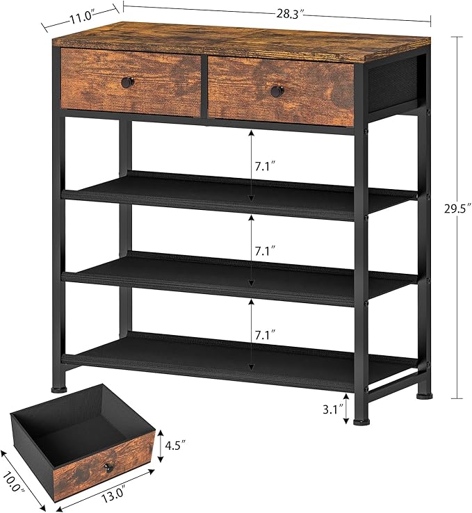 usikey Shoe Rack, 4 Tier Shoe Storage Organizer with 2 Drawers, Metal Shoe Shelf for 9-12 Pairs of Shoes, with 3 Oxford Fabric Shelves and Wooden Top, Shoe Stand for Entryway, Closet, Rustic Brown