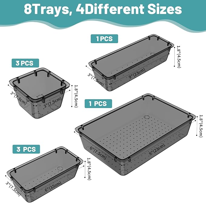 WOWBOX 8 PCS Clear Plastic Drawer Organizer Set, 4 Sizes Desk Drawer Organization and Storage Containers for Makeup, Cosmetics, Jewelry and Gadgets in Kitchen, Bathroom, Bedroom, Office, Clear Black