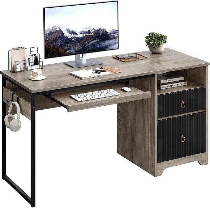 Bestier 55Inch Modern Fluted Desk with Drawers & Keyboard Tray, Grey | 55 X 22 In Work Surface, File Drawer, Reversible Pedestal, Fluted Panels And Keyboard Tray For Home Office Storage.