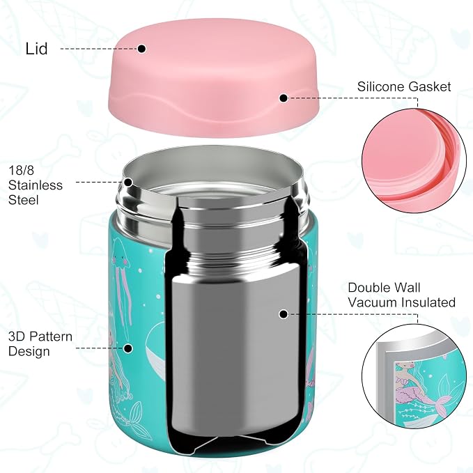 wiwens 12oz Soup Thermo for Hot Food Kids Insulated Food Jar Wide Mouth Lunch Container Leak Proof Stainless Steel Vacuum Bento Box for School Office Travel Outdoors Green-Mermaid