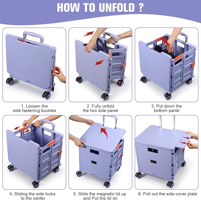 FELICON SELORSS Folding Utility Cart Portable Rolling Crate Handcart with Magnetic Sliding Lid Telescoping Handle Plastic Box Dolly 360°Swivel Wheels for Travel Shop Move Office Teacher(Purple Pro)