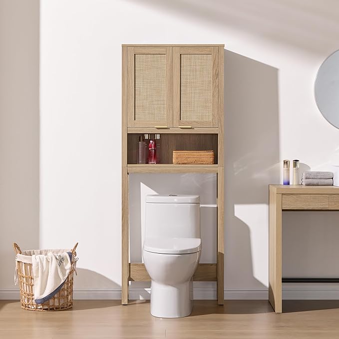 SICOTAS Over the Toilet Storage Cabinet, Rattan Door Bathroom Organizer | Freestanding Bathroom Organizer with Adjustable Shelf, Over Toilet Storage Cabinet for Bathroom, Laundry Room, dnd Restroom