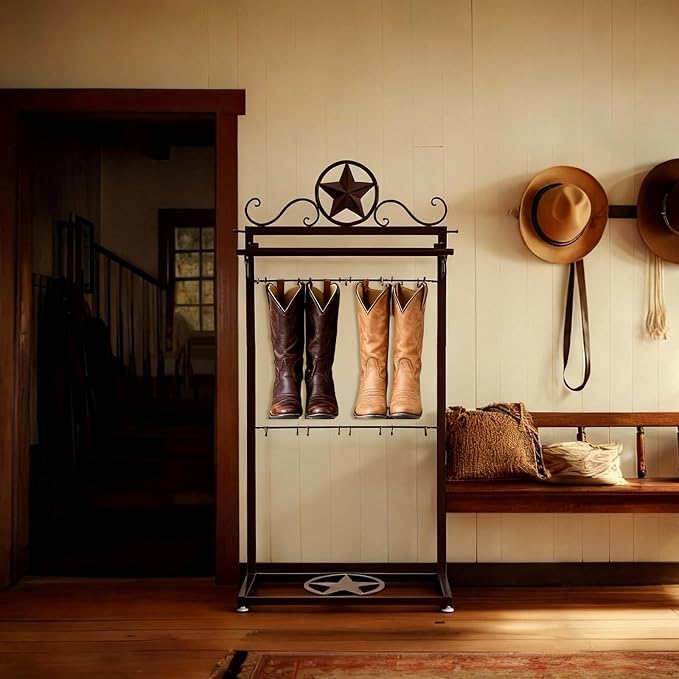 Novabright Western Boot Rack for 4 Pairs, Metal Star Freestanding Cowboy Boot Rack Vertical Organizer Storage Rustic Western Tall Boots Organizer Shelf for Tall Boots Hats Belts and Accessories