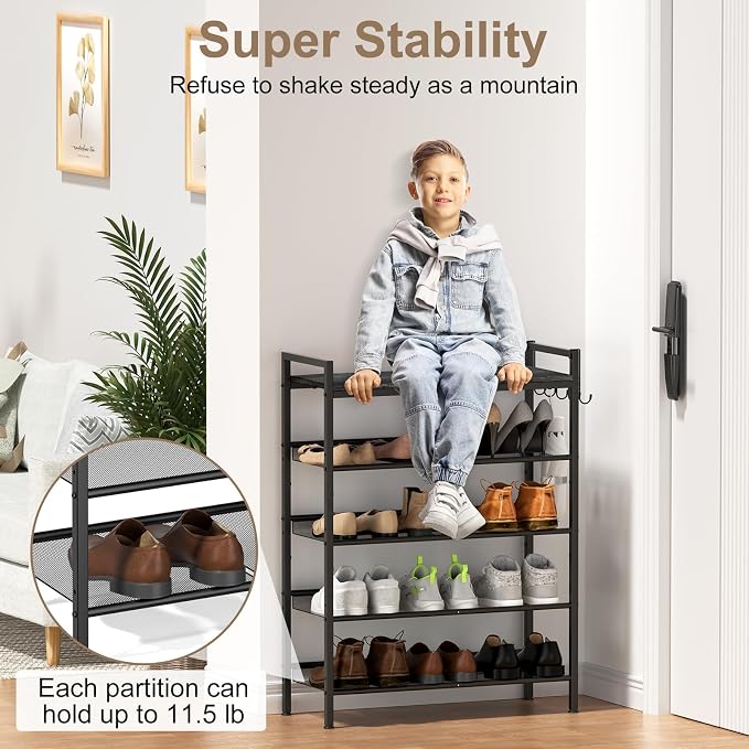 Shoe Rack for Front Door Entrance, 5 Tier Height-Adjustable Metal Shoe Rack , Sturdy Wooden Top and Tiltable Steel Frame Heavy Duty Shoe Organizer for Bathroom,Bedroom,Kitchen, Include Hook, Black