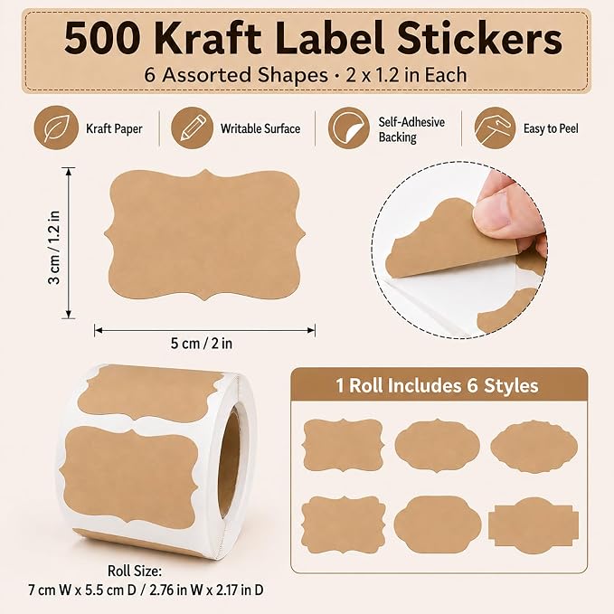 500 Pcs Kraft Paper Ingredients Label Stickers, 1.2 x 2 in Blank Gift Tag Stickers, Adhesive Labels to Write On, Labels for Jars, Storage Bins, Mason Jar Labels, Candle Labels