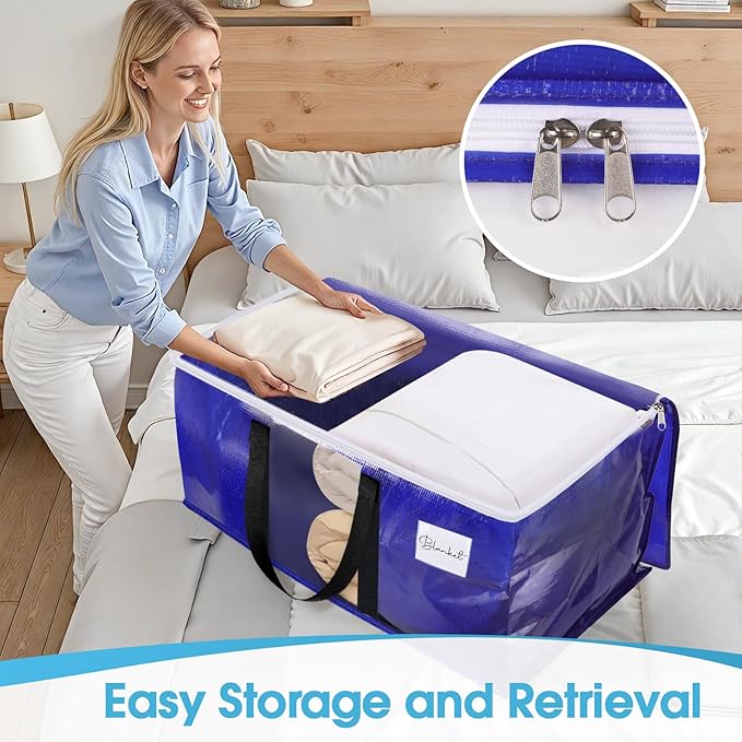 BlissTotes 2 Pack Moving Bags with Clear Window, Storage Bags with Strong Carrying Handles & Zippers,Large Packing Bags for Saving Space, Alternative to Moving Boxes(Blue,20 Gallon)