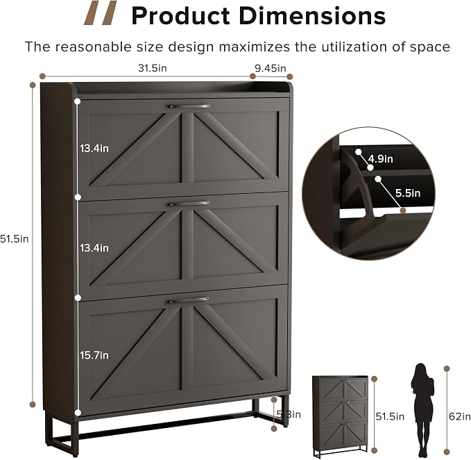 EOYUTLLY Shoe Cabinet Storage for Entryway, Narrow Shoe Rack with 3 Flip Drawers, Freestanding Hidden Shoe Rack Storage Organizer, Slim Shoe Cabinet White with Metal Legs