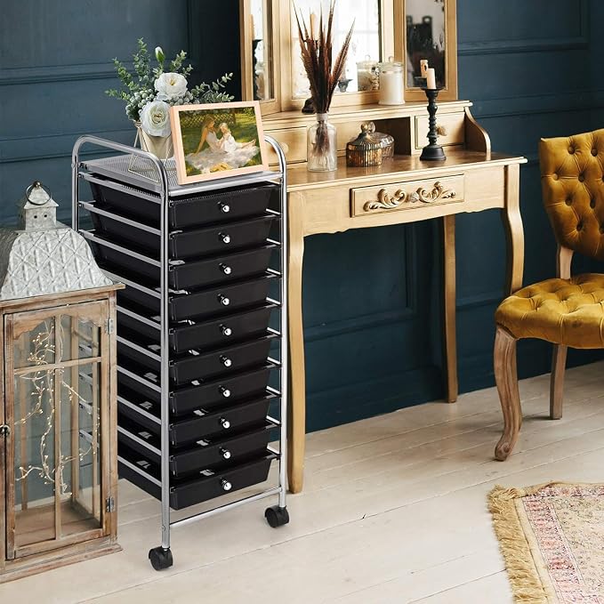 DREAMADE Rolling Cart with Storage Drawers, Utility Cart with Removable Plastic Drawers, Lockable Wheels, Art Cart for Classroom Organization Art Supplies Office Scrapbook (10 Drawers, Black)