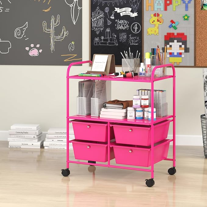 Moccha Rolling Storage Cart with 4 Drawers - Storage Drawers Organizer with wheels for Craft Art Supply Paper Salon, Scrapbook Paper Tools, Movable Utility Cart for Classroom School Studio, Hot Pink