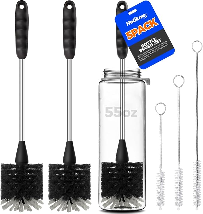 Holikme 5 Pack Bottle Brush 14" Stainless Steel Straw Cleaner Brush,Black | 14" Long Handle Stainless Steel Bottle Cleaner Brush, 3 Straw Brushes, Bottle Cleaning Brush for Water Bottle Cups Baby
