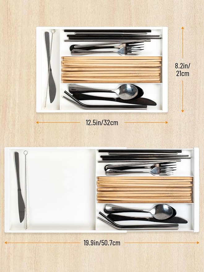 Silverware Drawer Organizer Tray (Cream) | Adjustable Small Utensil Holder for Spoon and Fork, Expandable Flatware Cutlery Tray for Kitchen Drawers