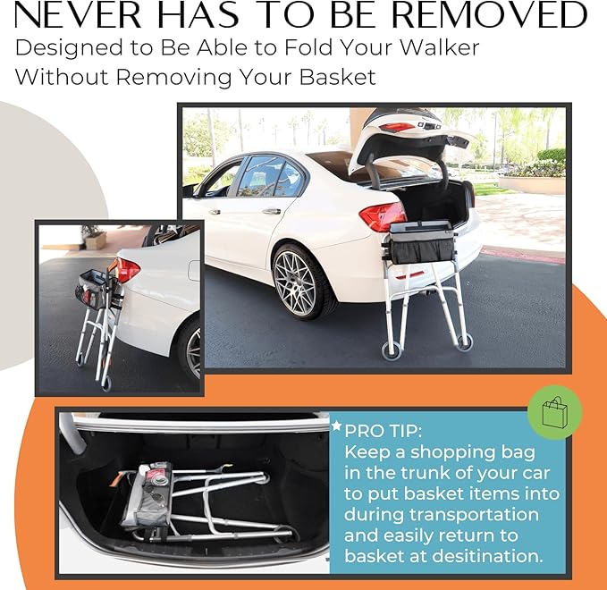 Walker Basket for Folding Walker with Flip-Down Walker Tray Reacher Cane Holder Strap Cup Holder | Basket for Walker Bags for Folding Walker with Wheels, Walker Accessories for Walker Rollator (GRAY)
