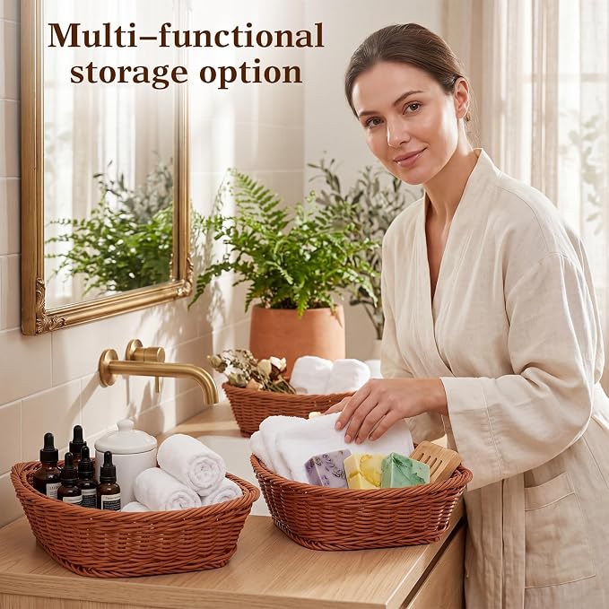 Newtay 3 Pcs Corner Triangle Storage Baskets, Wicker Baskets for Small Cosmetics, Sundries, Snacks, Stackable Hand Woven Corner Cabinet Organizer for Home, Bedroom, Closet, Pantry