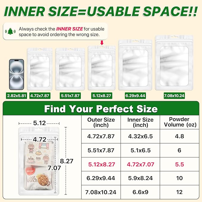 ANZNKU 100 PCS Resealable Mylar Bags with Frosted Clear Window Packaging Bags Foil Pouch Zipper Bag for Food Self Sealing Storage Supplies (5.12x8.27, White)