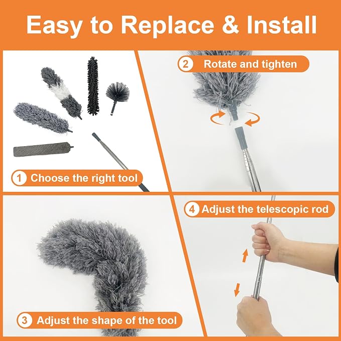 15 PCS Feather Dusters for Cleaning, Microfiber Duster with Extension Pole 100in, Extendable Duster for High Ceilings, Ceiling Fans, Baseboards, Blinds, Car Interior - Washable Reusable Dusting Tools