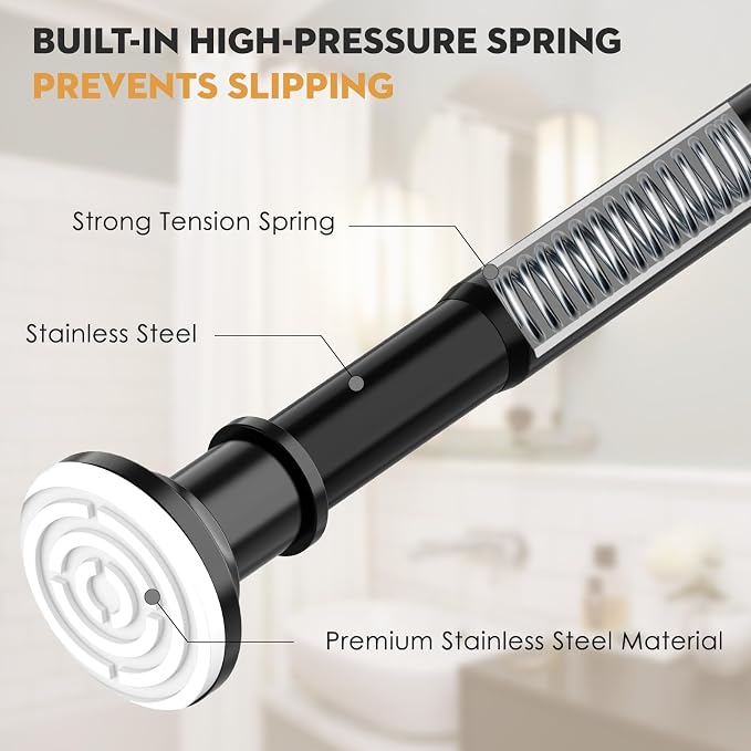 Black Long Curtain Rod Tension Shower Curtain Rods 30 to 130 inch Adjustable Spring Heavy Duty Rods for Bathroom Windows Outdoor Spliced and Telescopic Design No Drill No Slip Stainless Steel