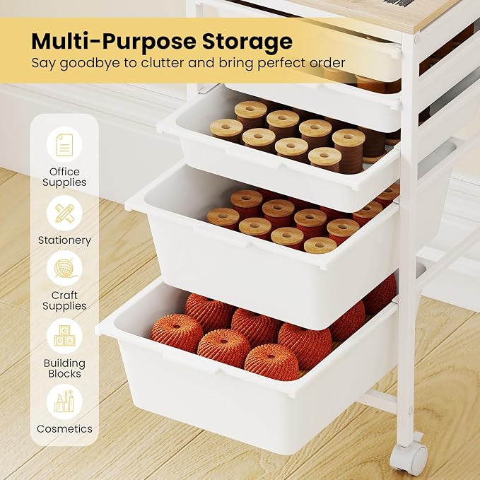 LDAILY Rolling Cart with Drawers, 5 Drawer Rolling Storage Cart with Wooden Tabletop, Metal Frame & Lockable Wheels, Craft Organizers and Storage for Home Office Classroom (White, 5 Drawer)