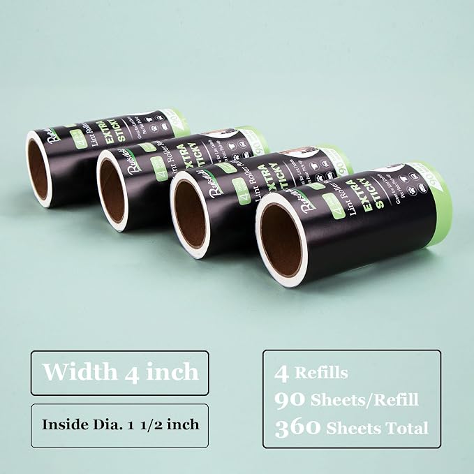 4 inch Lint Roller Refills for Evercare PetLovers Fedicelly Albatross and More Lint Rollers, Extra Sticky 90 Sheets per Refill, Pack of 4 Rolls, 360 Sheets Total (1 1/2 inch Inside Diameter)