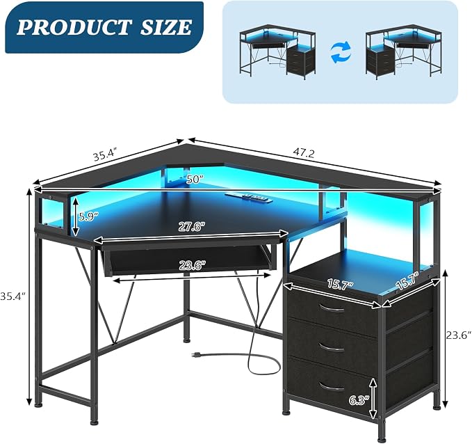 47" Corner Desk with Drawers, Power Outlets ＆ Printer Shelf for Small Space | Small Computer Desk with Monitor Stand, Triangle Gaming Desk with LED Lights and Keyboard Tray, Black