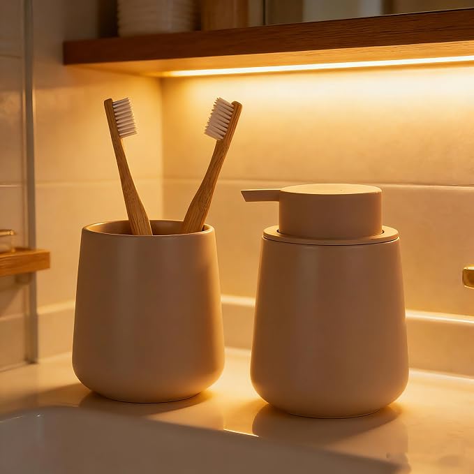 Bosilunlife 12Oz Ceramic Foam Soap Dispenser for Bathroom Kitchen Counter | Premium countertop foam pump creates delicate dense foam, stable desktop placement, Khaki