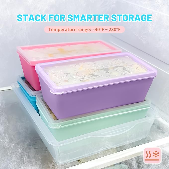 Gemice 2-Cup Silicone Freezer Molds with Lids, Individual 4-Pack | Oven & Dishwasher Safe, BPA-Free Soup Portion Cubes Trays, Freezer Containers for Food Storage