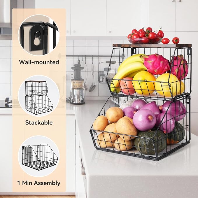 Wawocs 2 Tier Stackable Wall Mounted Hanging Basket, Fruit Basket for Kitchen Counter, Storage Bin with Wood Lid, Onion Storage, Fruit and Vegetable Storage, Countertop Organizer