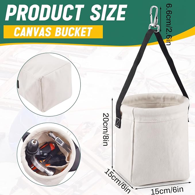 2 Pcs Tool Bags Square-Bottom 8" x 6.5" x 6.5", Canvas Tool Bucket Bag with 2 Interior Pockets & Metal Hook & Closure Loop, All-Purpose Bucket Tools Organizer for Outdoor Work Maintenance