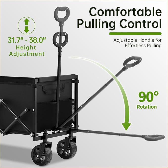 Extra Long Collapsible Wagon Cart, 360LBS Heavy Duty Utility Wagons with All-Terrain Wheels, Foldable Grocery Carts for Gardening, Shopping, Beach, Camping, Black