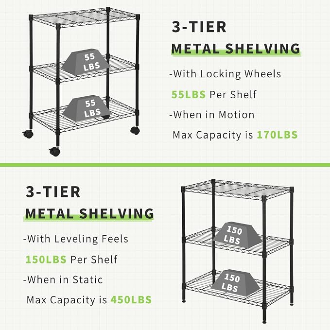 Wire Shelving 32" H x 23W x 13D Storage Shelf with Wheels Adjustable 3 Tier Metal Shelves Unit for Small Places Kitchen Storage Rack Shelf Organizer, 450Lbs Capacity, Black