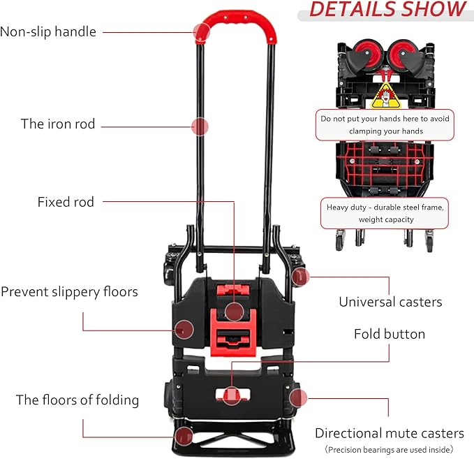Folding Hand Truck, Portable Dolly Cart with Rubber Wheels and Retractable Handle, 2 in 1 Design 330lbs Capacity Hand Cart Foldable for Transportation/Luggage/Mobile/Travel/Office Use